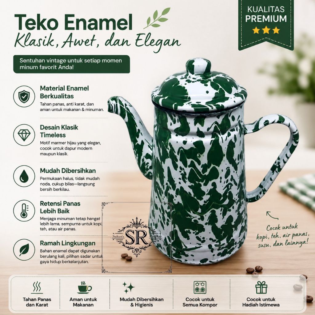 Teko Lurik jadul– Teko Eskan Teh Kopi Vintage Dapur RumahAlter Teko Enamel Motif Hijau Jadul Vintage