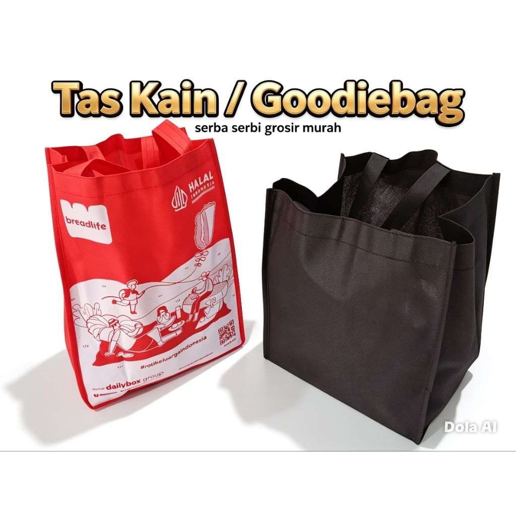 Harga Lusinan ,tas kain / Goodiebag/ warna merah gambar dan hitam polos ukurang sedang