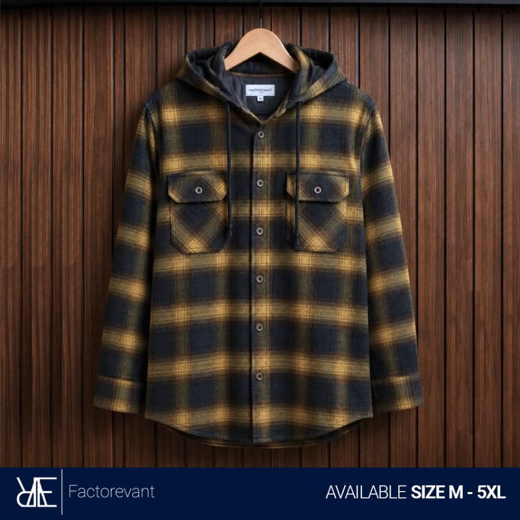 Reevant Veterano Hoodie Hitam Kuning Kemeja Flannel Pria Jumbo Big Size Lengan Panjang