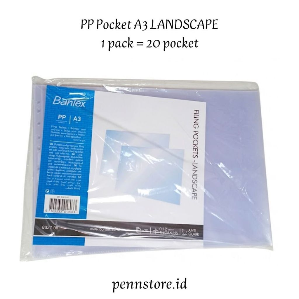 (Pack = 20 lembar) PP Pocket Bantex 8037 A3 Landscape Isi 20 - Sheet Protector Clear