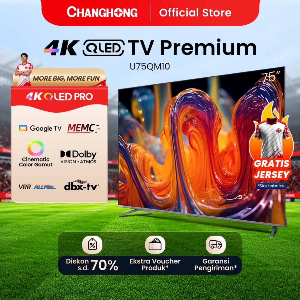 Changhong QLED TV 4K 75 inch Google Smart QLED PRO Digital TV Dolby Audio DBX-TV Google Play Netflix