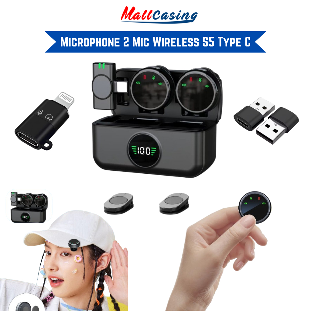 Mic Wireless Dual Lavalier Microphone Nirkabel Mic Clip On Mikrofon Konten Untuk Type C & iPhone
