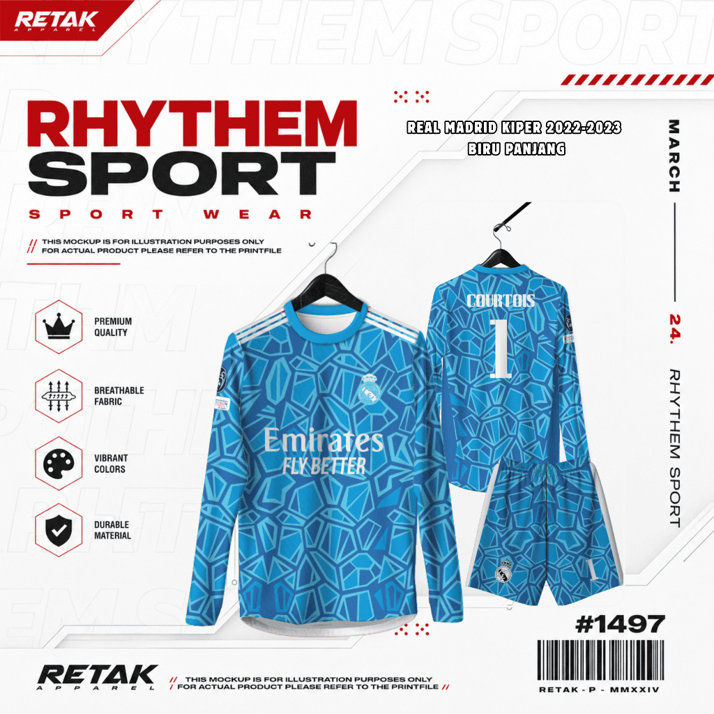 JERSEY REAL MARDID KIPER 22-23 BIRU PANJANG FREE CUSTOM UNTUK ANAK DAN DEWASA