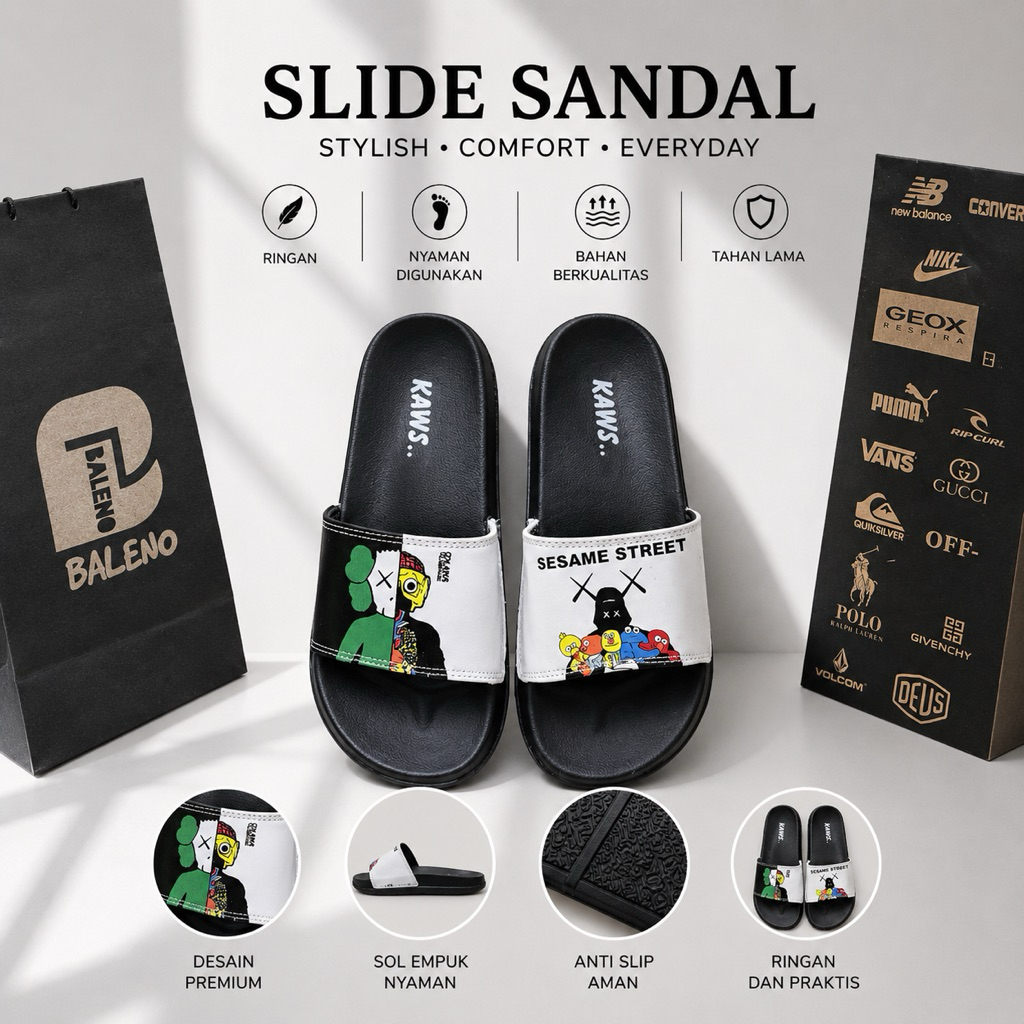 Sandal Slide Pria Wanita KAWS x Sesame Street Premium | Sandal Casual Kekinian Anti Slip