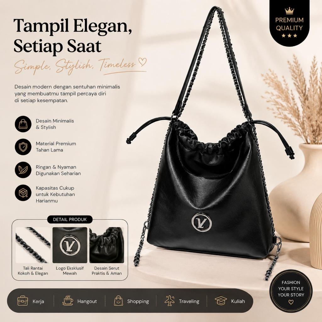 Château Bag - Tas Wanita Original Yichen Serut Premium Hitam – Shoulder Bag Elegan dengan Rantai, St