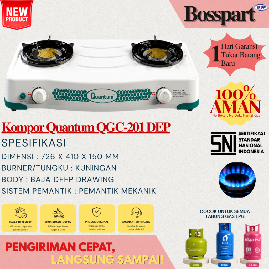 QUANTUM Kompor Gas 2 Tungku Elektrik QGC-201 DEP Tanpa Timer / Quantum 2 Tungku