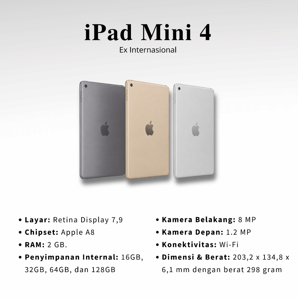 COD Apple Ipad Mini 3 & Mini 4 16GB 32GB 64GB 128GB Wifi Only Second Original Inter 100 % Termurah B