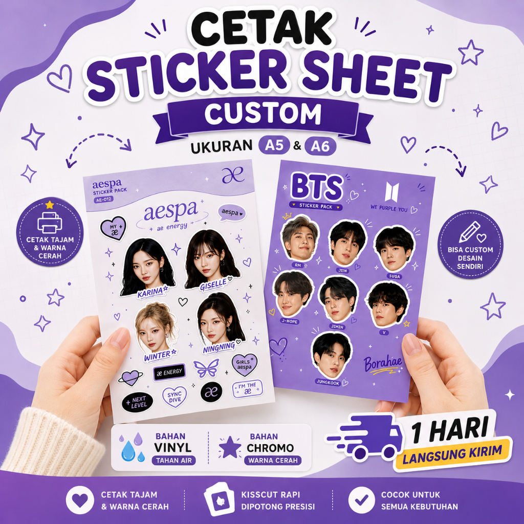 Cetak Sticker Sheet Custom Sticker Pack Kisscut A5 / A6 Sehari Kelar