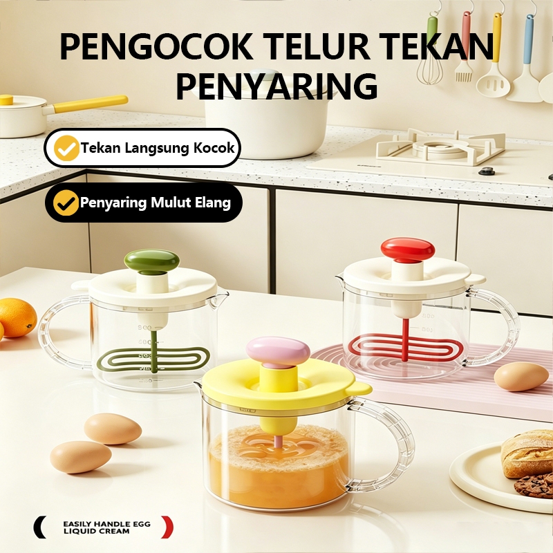 Pengocok Telur Tekan Manual 2 in 1 Dilengkapi Saringan Bawaan Multifungsi Bisa Kocok Telur Krim Adon
