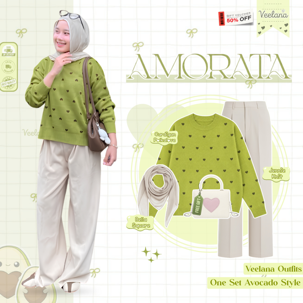 Outift Avocado Cardigan ( Bella Square Ivory, Cardigan Polkalove Avocado, Celana Jennie Knit Ivory )