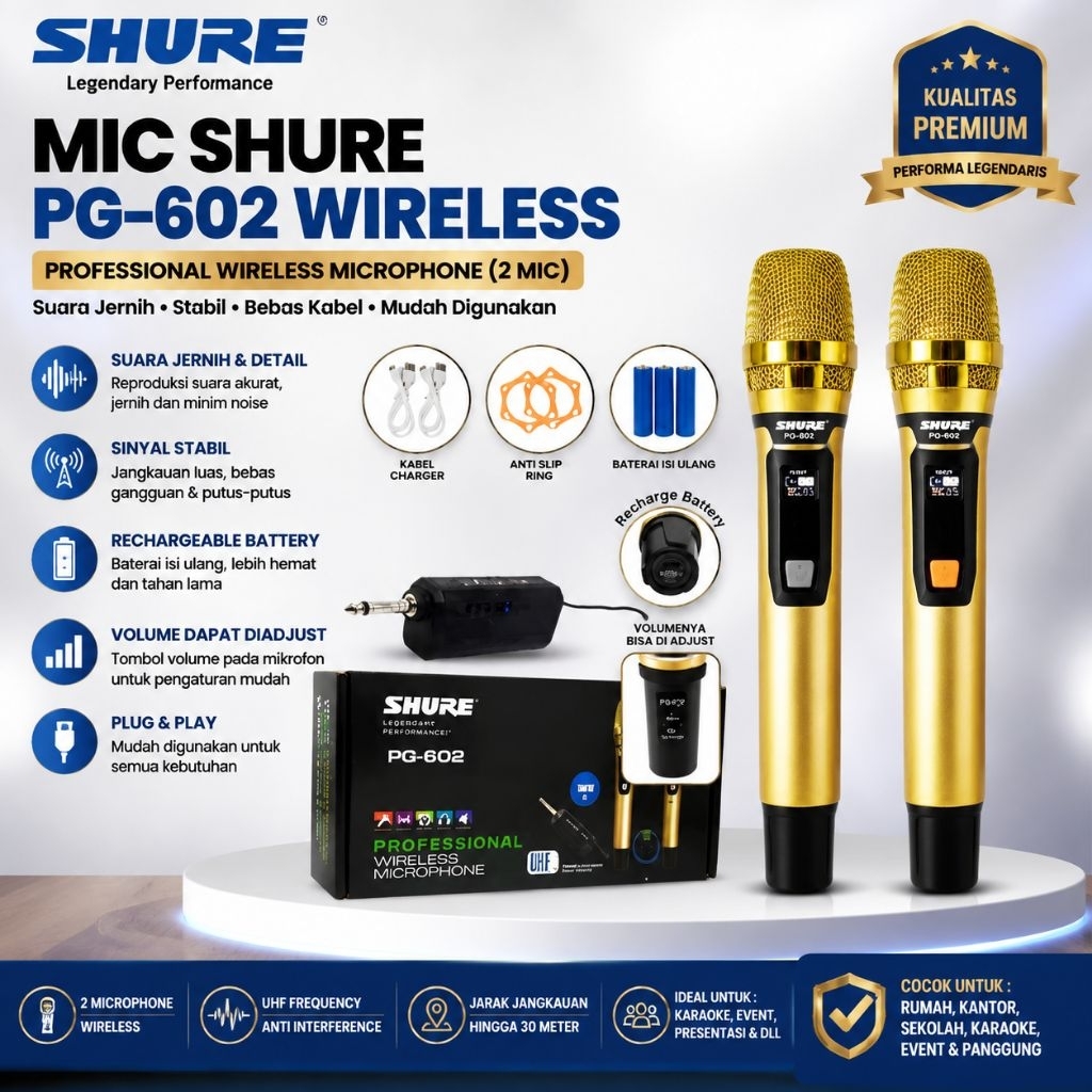 Microphone Wireless Shure PG-602 Mic Genggam Tanpa Kabel Isi 2 Gold Emas Rechargeable Double Handhel