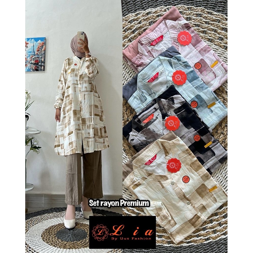 SET LONG TUNIK RAYON KOMBINASI TWILL MOTIF KOTAK LIA FASHION