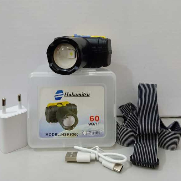 Senter Kepala Zoom 60W Hakamitsu HSK-9360 Cahaya Putih Fokus Bulat, Isi Ulang Langsung, Jangkauan Ja