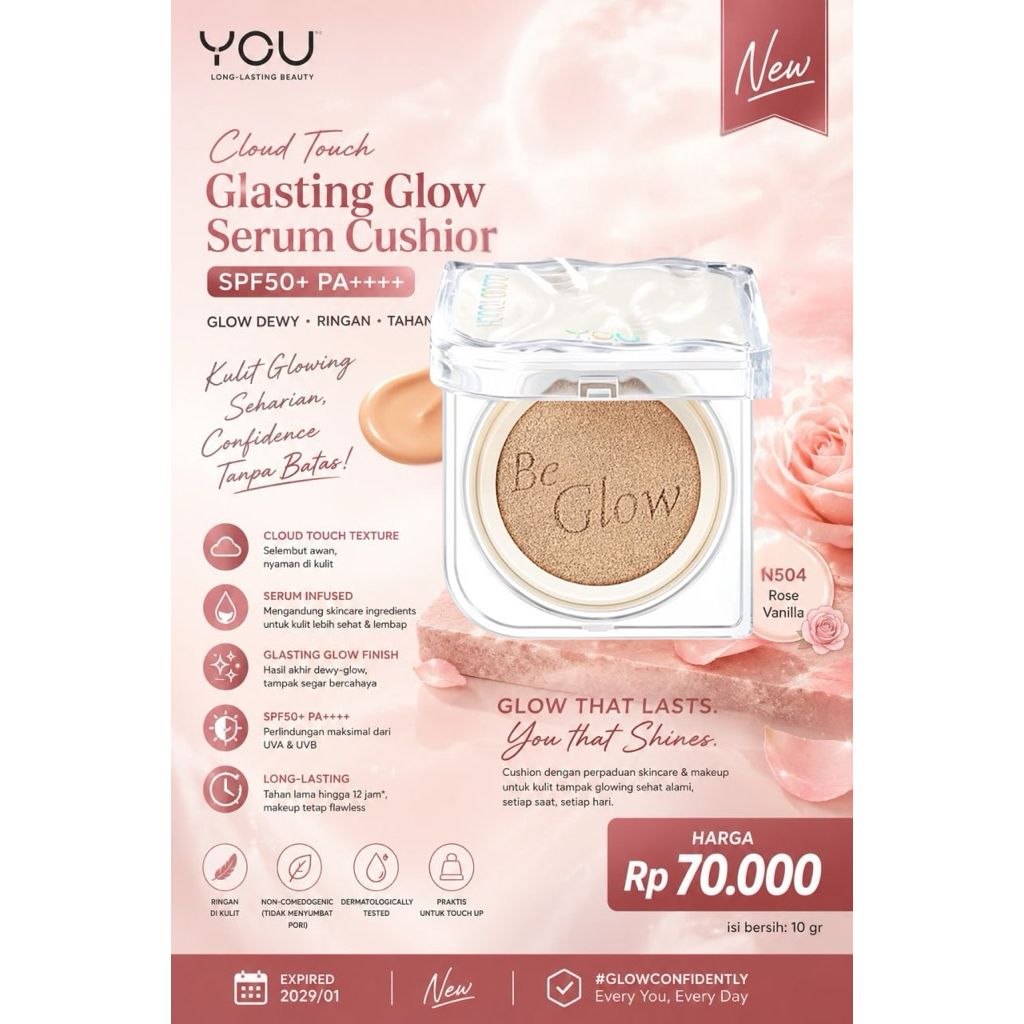 YOU Cloud Touch Glasting Glow Serum Cushion SPF50+ PA++++ N504 Rose Vanilla (10 gr)