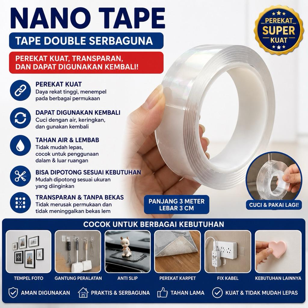 NANO-DOUBLE TAPE NANO BENING TRANSPARANT GEL -double tape perekat bening