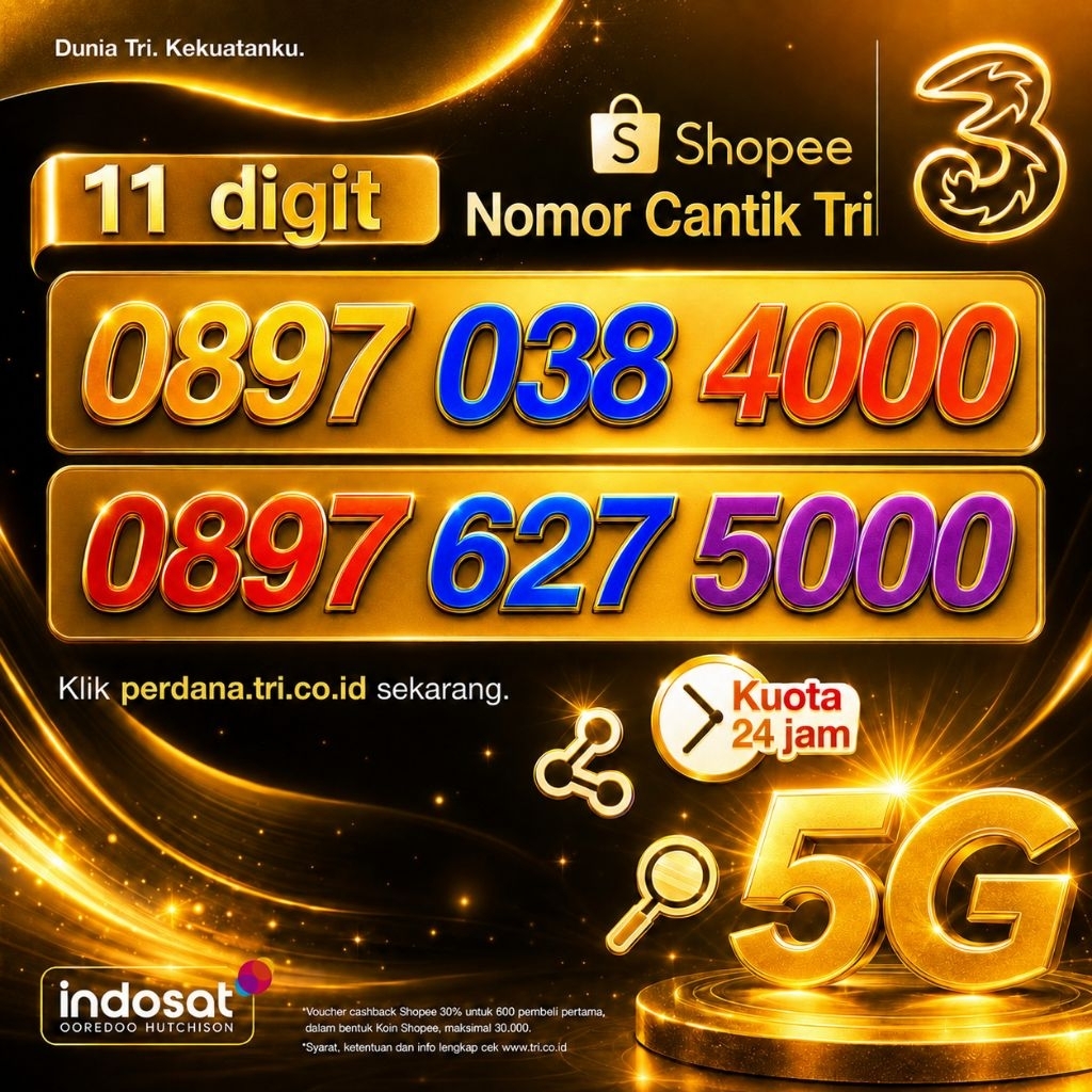 Nomor Cantik Tri 11 Digit Angka Nomer Three 4G 5G Exp 2027