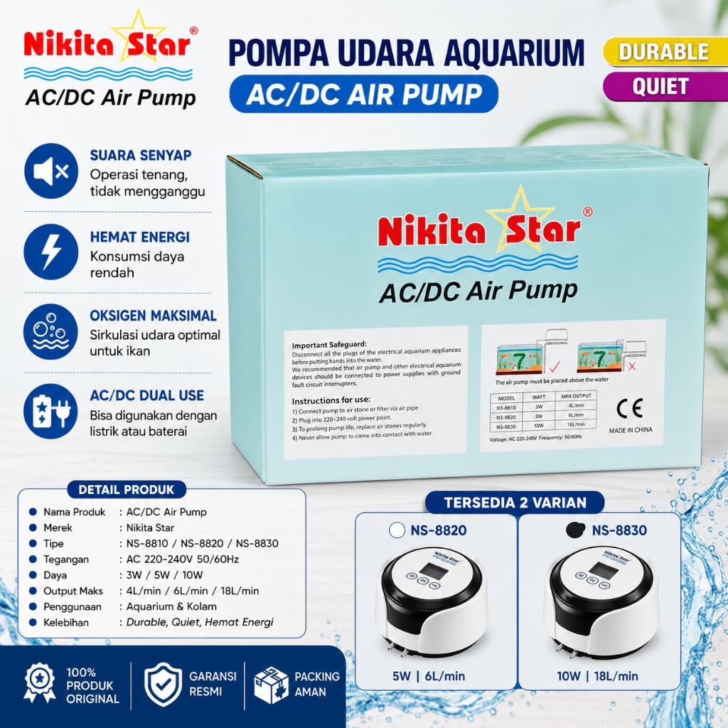 NIKITA STAR AC/DC Air Pump NS-8830 Pompa Udara Aquarium & Kolam Rechargeable Super Senyap Hemat Listrik