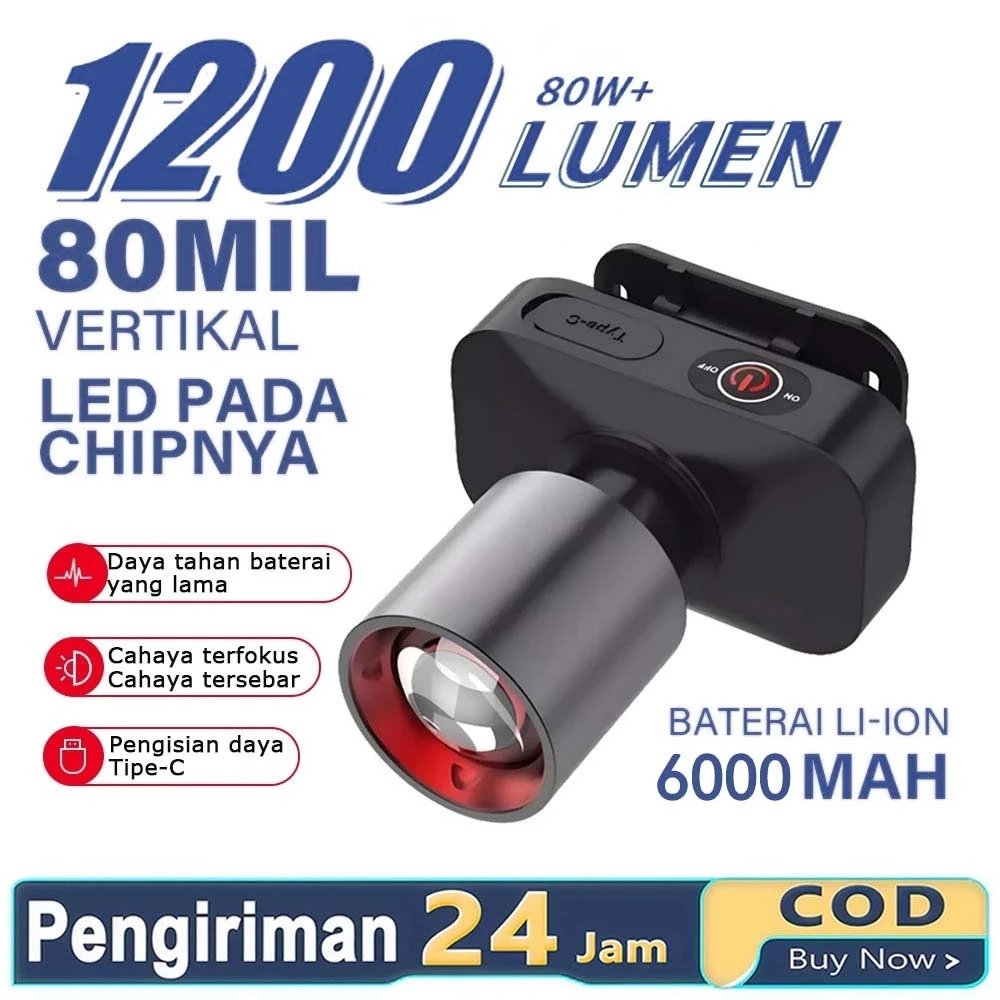 COD Senter Kepala Super Terang Anti Air Senter Kepala Zoom 1200 Lumen Rechargeable Dengan USB-C