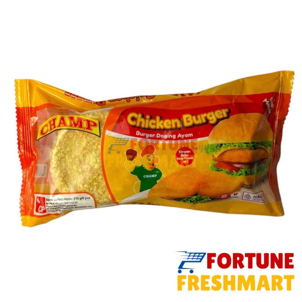 Champ Chicken Burger 315gr 6 pcs ptg | Burger Daging Ayam 315 g gram | Juicy Tasty | Premium Halal E