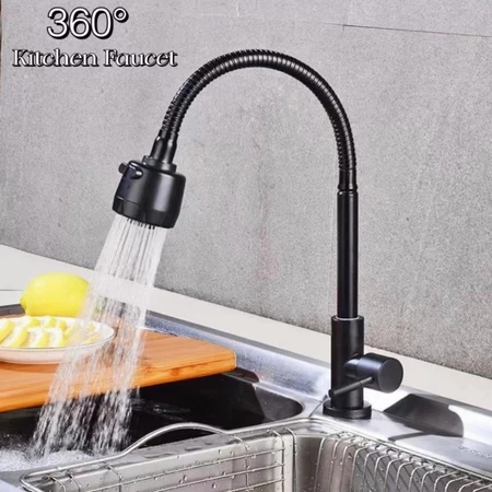 Keran Dapur Stainless Steel 304 Warna Hitam Single Cold Putar 360° Saluran Air Disesuaikan Anti Kara