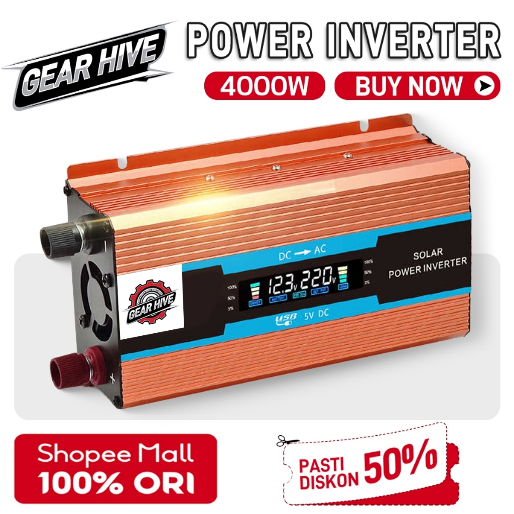 Gear Hive Power Inverter Pure Sine Wave  DC 12V/24V To AC 220V 4000W Mengubah arus DC ke AC  2 USB P
