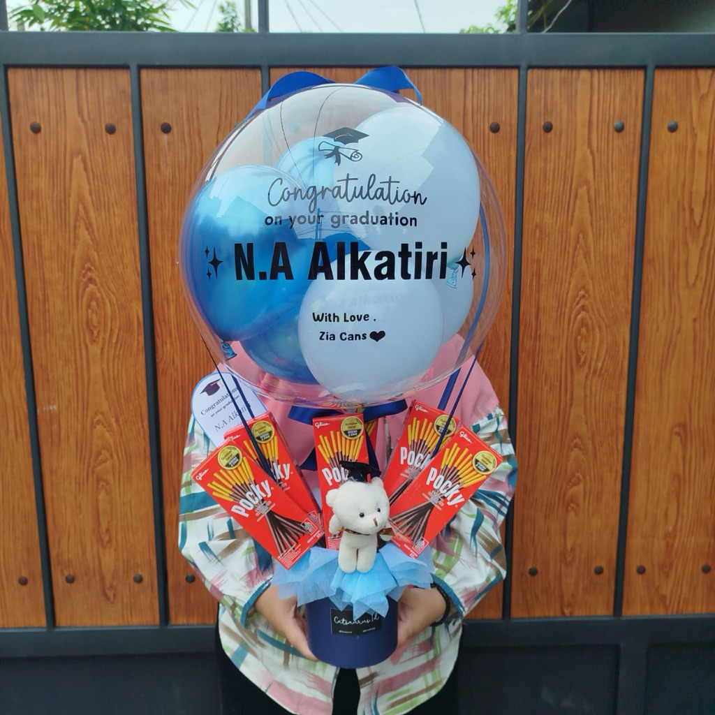 Bucket/Buket Balon Pocky + Boneka kecil Kado Wisuda Ulang Tahun Grand Opening Catsaurus id