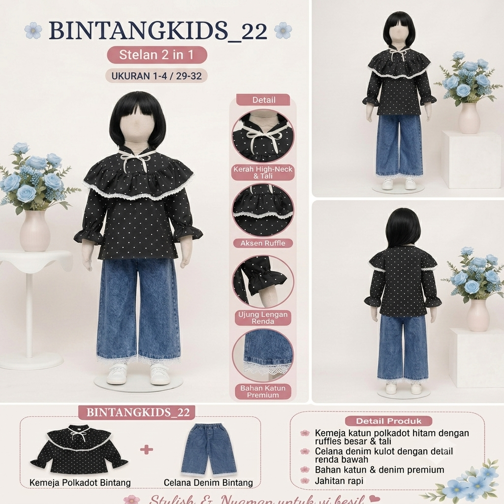 SETCEL POLKADOT KERAH KERUT MIX JEANS ANAK PEREMPUAN USIA 3 - 12 TAHUN / STELAN CELANA KULOT - FASHI