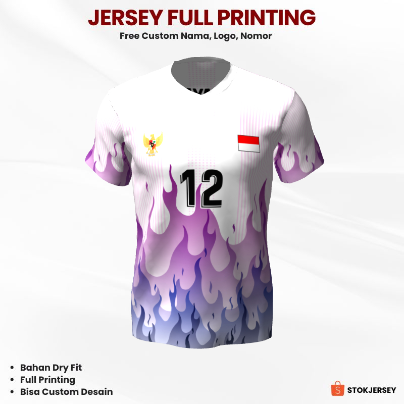 Kaos Jersey Volly Putih Pink Ungu Motif Api 392