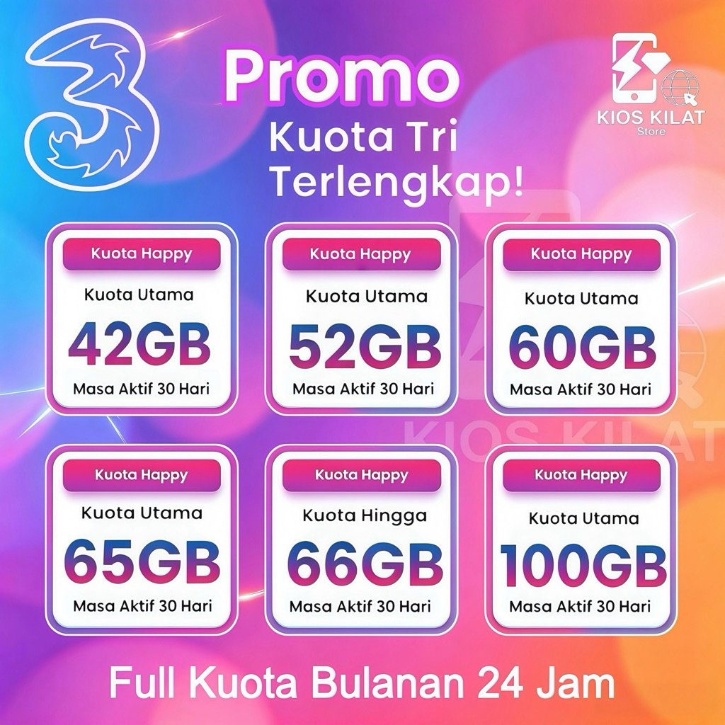 Kuota Tri 1GB 2GB 3GB 7GB 10GB 11GB 14GB 18GB 30GB 33GB 42GB 55GB 100GB Full Kuota Utama Reguler 24 