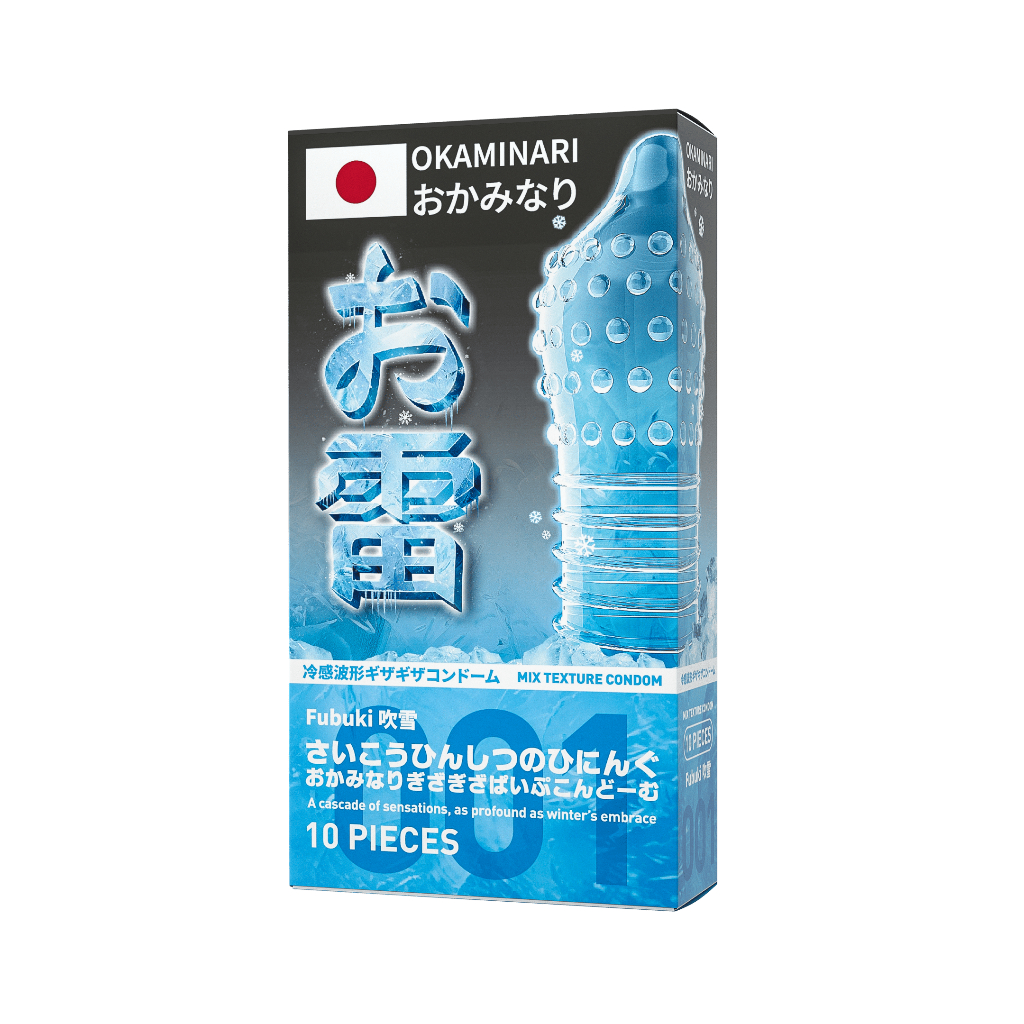 Kondom Okaminari 001 Fubuki Gerigi Pipa Sensasi Dingin Es Isi 3 dan 10 Pcs / Kondom Tipis 001 mm / N