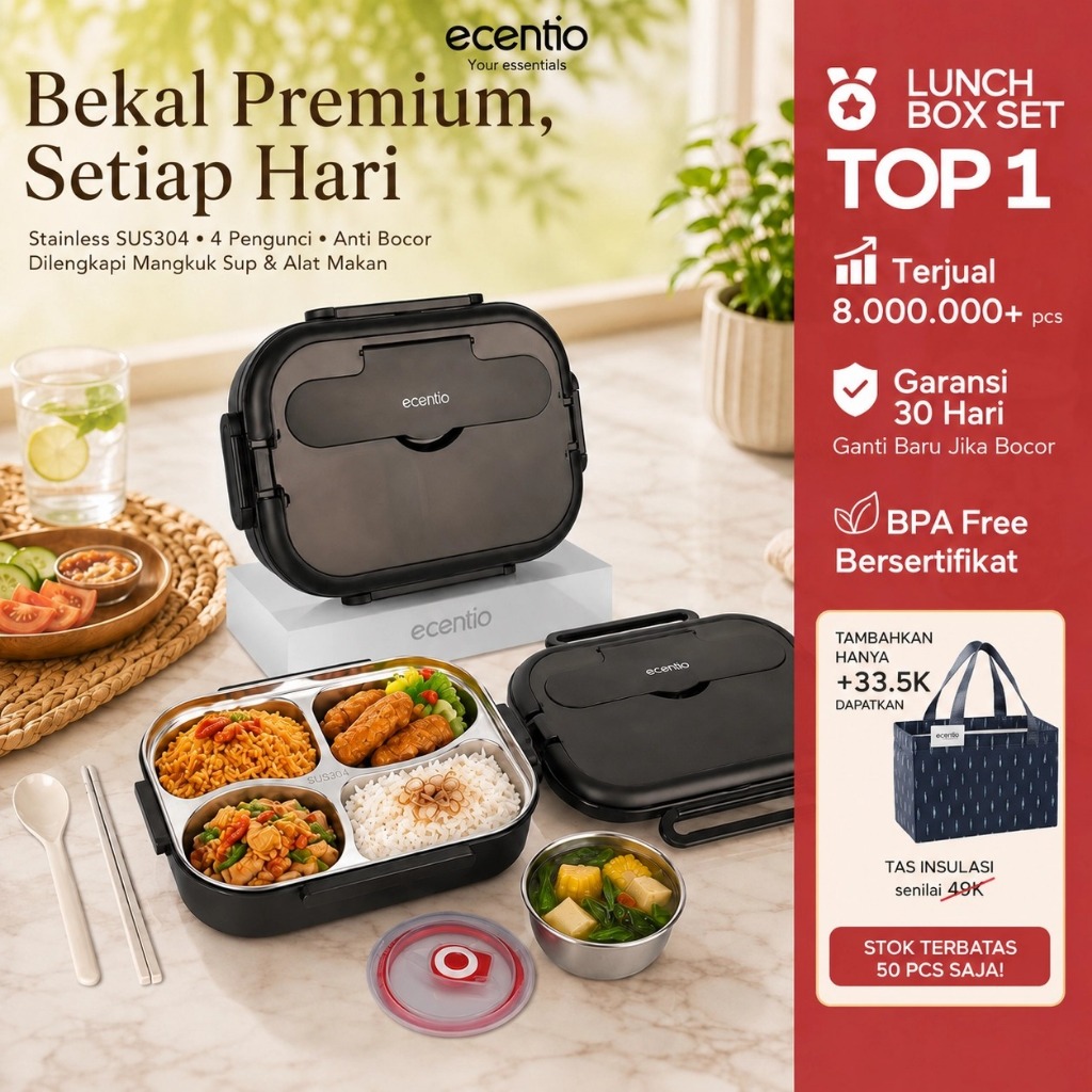 [Versi 2.0] ecentio Lunch Box Stainless 304 1000ML Kotak Makan Anti Bocor Anti Tumpah Tempat Bekal M