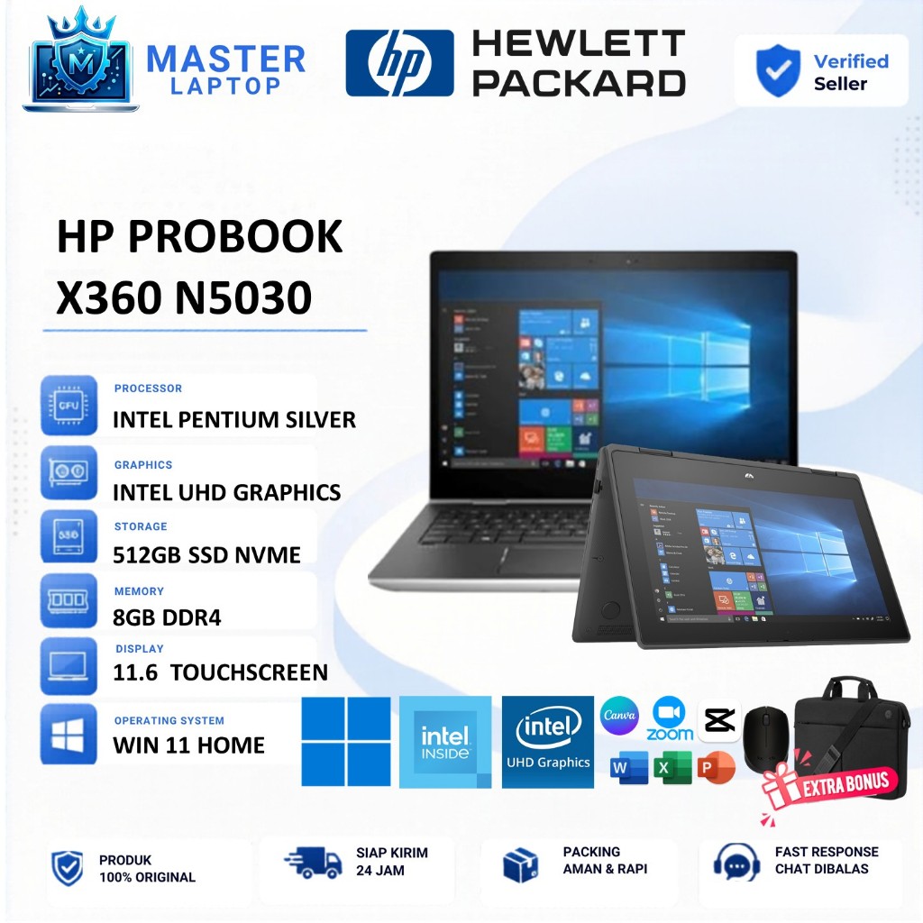 Laptop Touchscreen HP ProBook X360 11 Intel N5030  8GB 512GB Windows 11