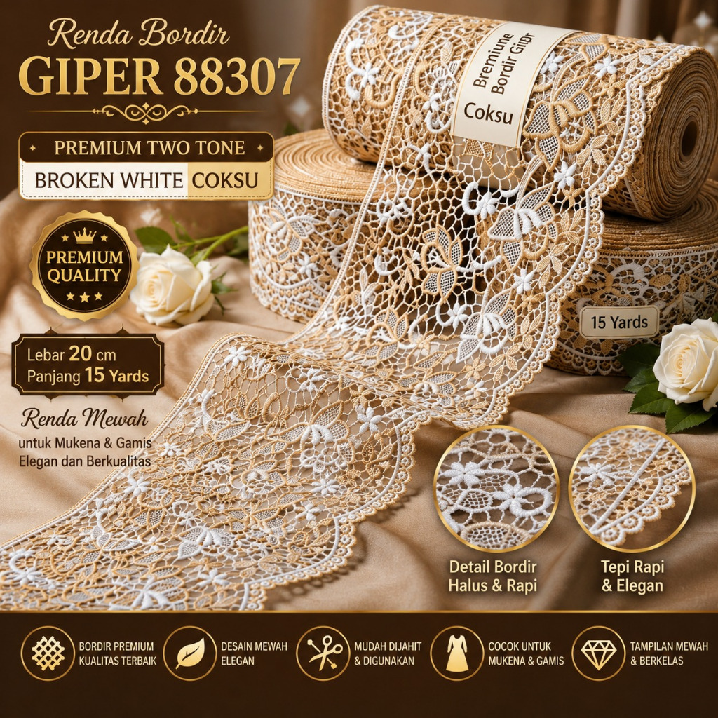 Renda Bordir Giper 88307 Premium Two Tone Broken White Coksu | Lebar 20 cm | 15 Yards | Renda Mukena