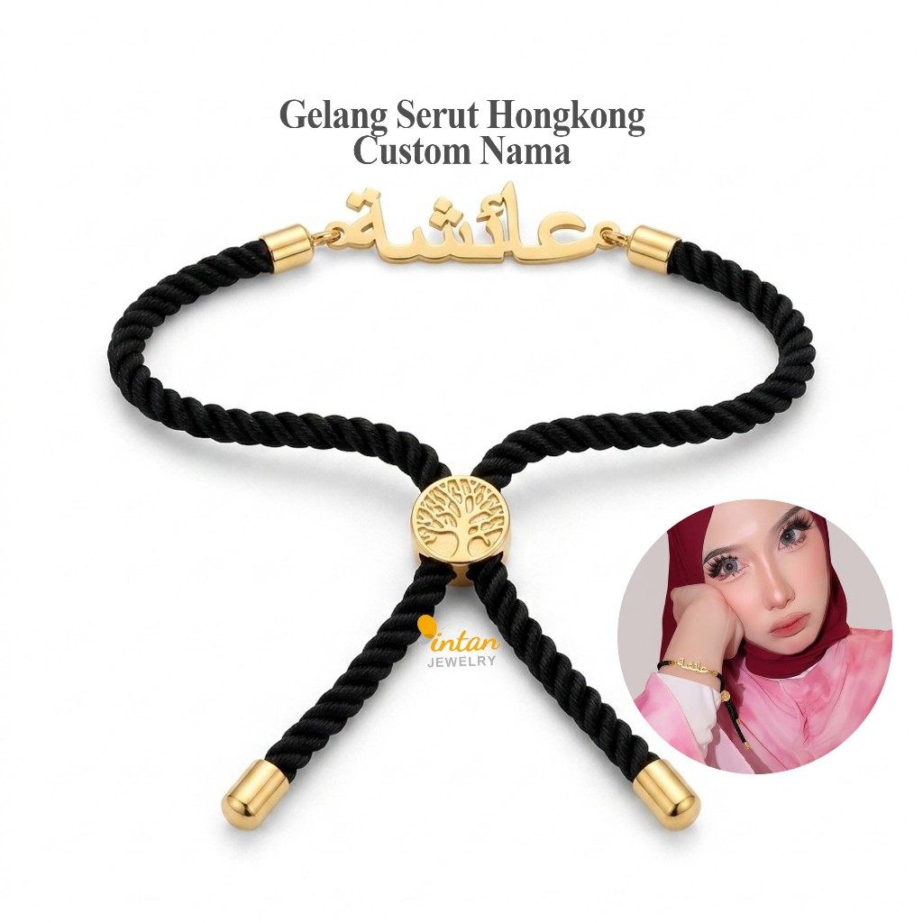 Gelang Serut Hongkong Nama Arab Custom Pandoraa Model Tali Plintir dan Latin Charm Berwarna Liontin 