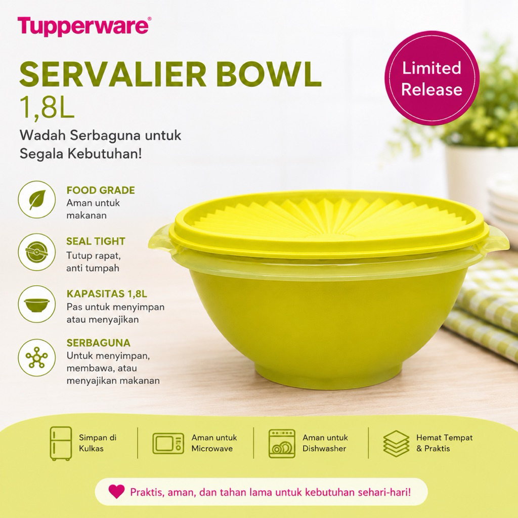 tupperware servalier bowl 1,8L warna hijau / bakul nasi