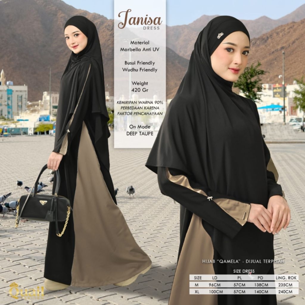 Gamis Muslimah Janisa Dress Syari Busui Friendly Wudhu Friendly Bahan Marbella Anti UV Premium Dress