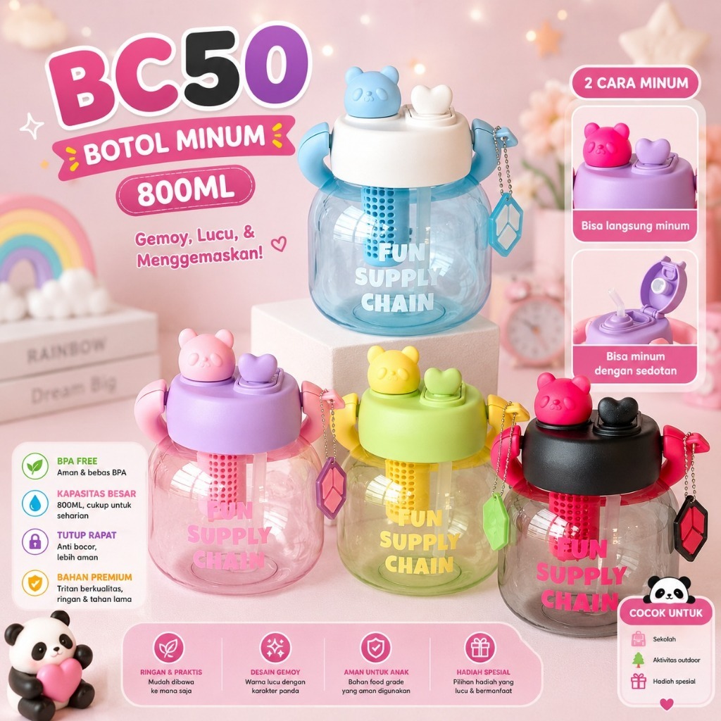 Botol Air Minum 2 Sisi 800ML Tumblr Bahan Plastik Motif Lucu Botol Bening