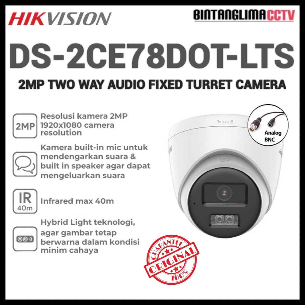 Hikvision Indoor Two Way Audio Turbo HD 1080P Full HD DS-2CE78D0T-LPTS 2MP Dual-Light Audio Fixed Tu