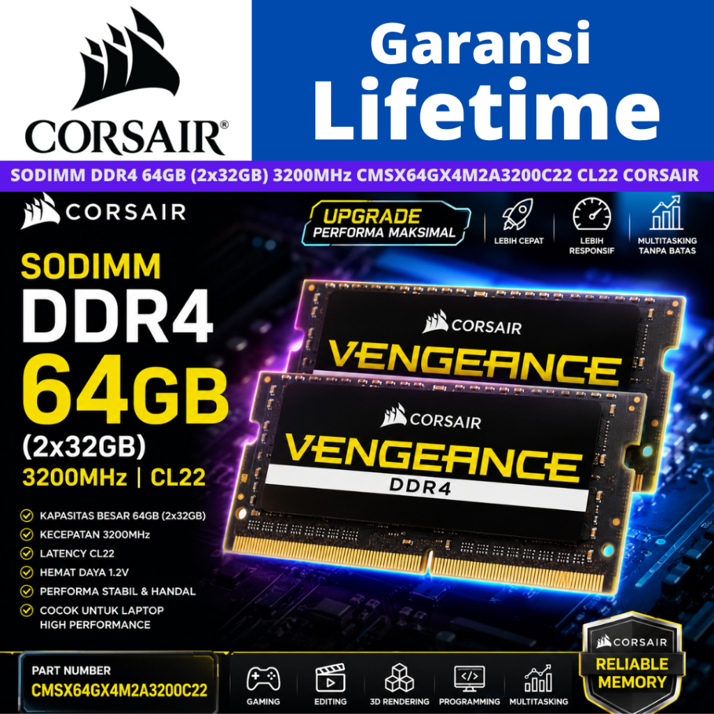 CORSAIR Vengeance SODIMM DDR4 64GB (2x32GB) 3200MHz CL22 CMSX64GX4M2A3200C22 RAM Laptop DDR4 64GB 32