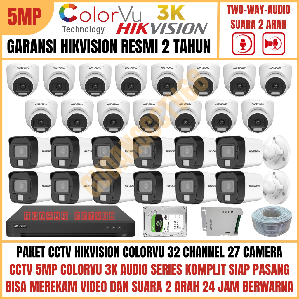 Paket CCTV HIKVISION COLORVU 32 Channel 27 Camera 5MP 3K Full Colour AUDIO TWO WAY Komunikasi 2 ARAH