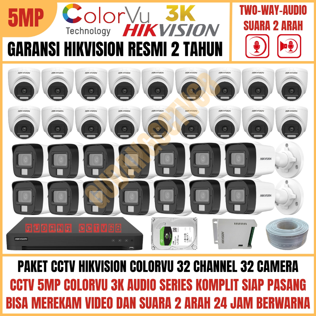 Paket CCTV HIKVISION COLORVU 32 Channel 32 Camera 5MP 3K Full Colour AUDIO TWO WAY Komunikasi 2 ARAH