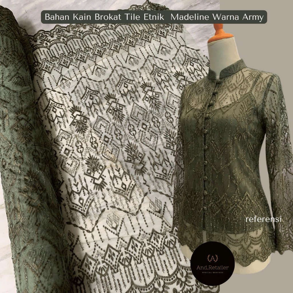Bahan kain Kebaya Brokat Tile Bordir Etnik Madeline Warna Hijau Army/Maroon/Rosegold/Pink