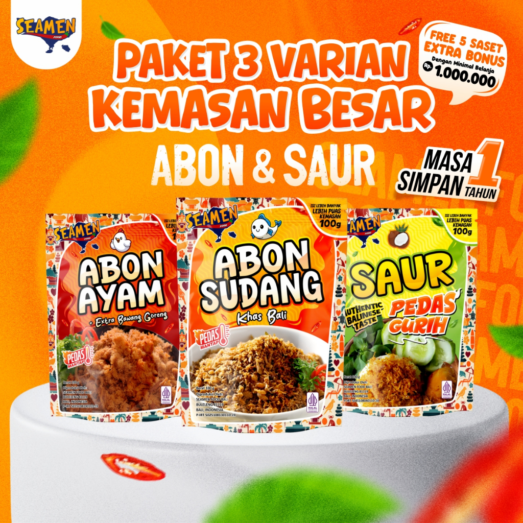 PAKET 3 VARIAN KEMASAN BESAR ABON AYAM PEDAS, SUDANG PEDAS & SAUR. Masa Simpan 1 Tahun