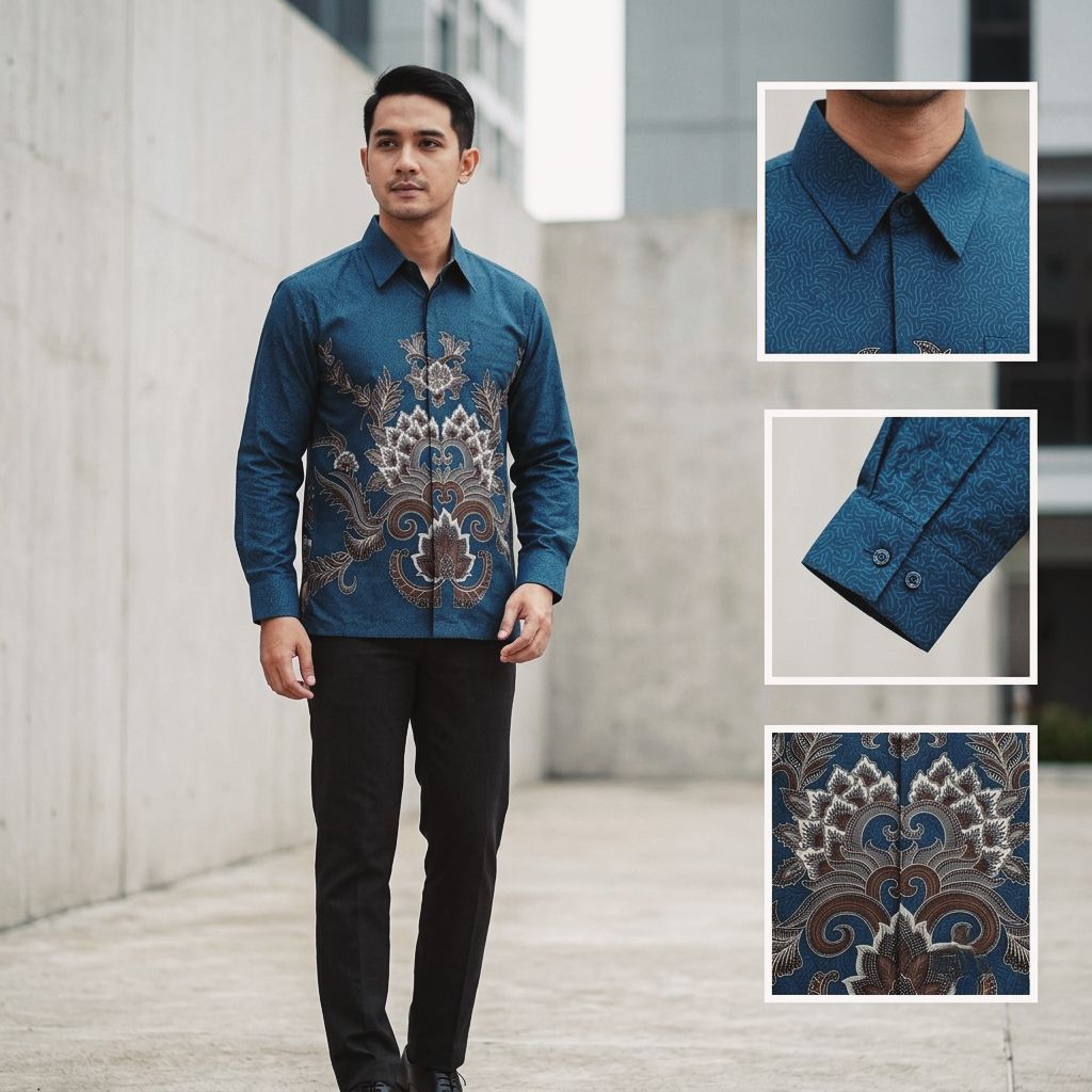 Batik Pria Lengan Panjang Lapis Furing Emerald Blue Bahan Katun Modern Reguler - Seragam Batik Pesta