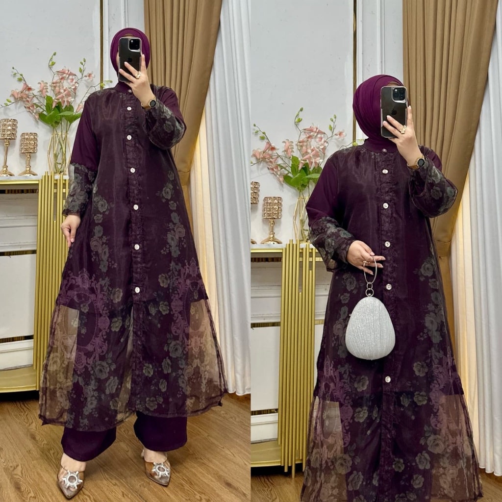 Koleksi Baru Maxi Dress Manohara Gaun Cantik Berbahan Marbella Ani UV Kombinasi Organza PrintOrganza