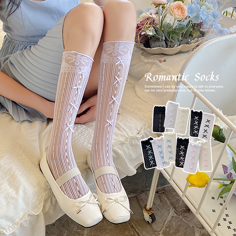 2428 Lolita Summer Socks Stoking Tipis Panjang Atas Betis Pita Korean Style Kaos Kaki Stocking Wanit