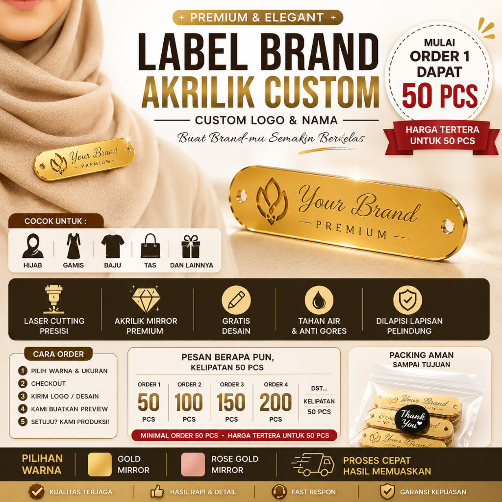 Label Brand Akrilik Custom | Label Hijab | Label Baju | Logo Brand | Label Gamis | Logo Pakaian Prem