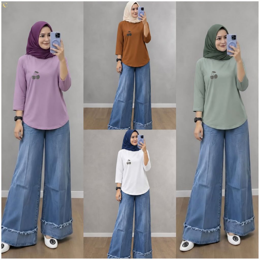 One Set Jeans Motif Wanita Original Pojee  Setelan Kaos Cotton Combed 20s & Celana Kulot Jeans Wash 
