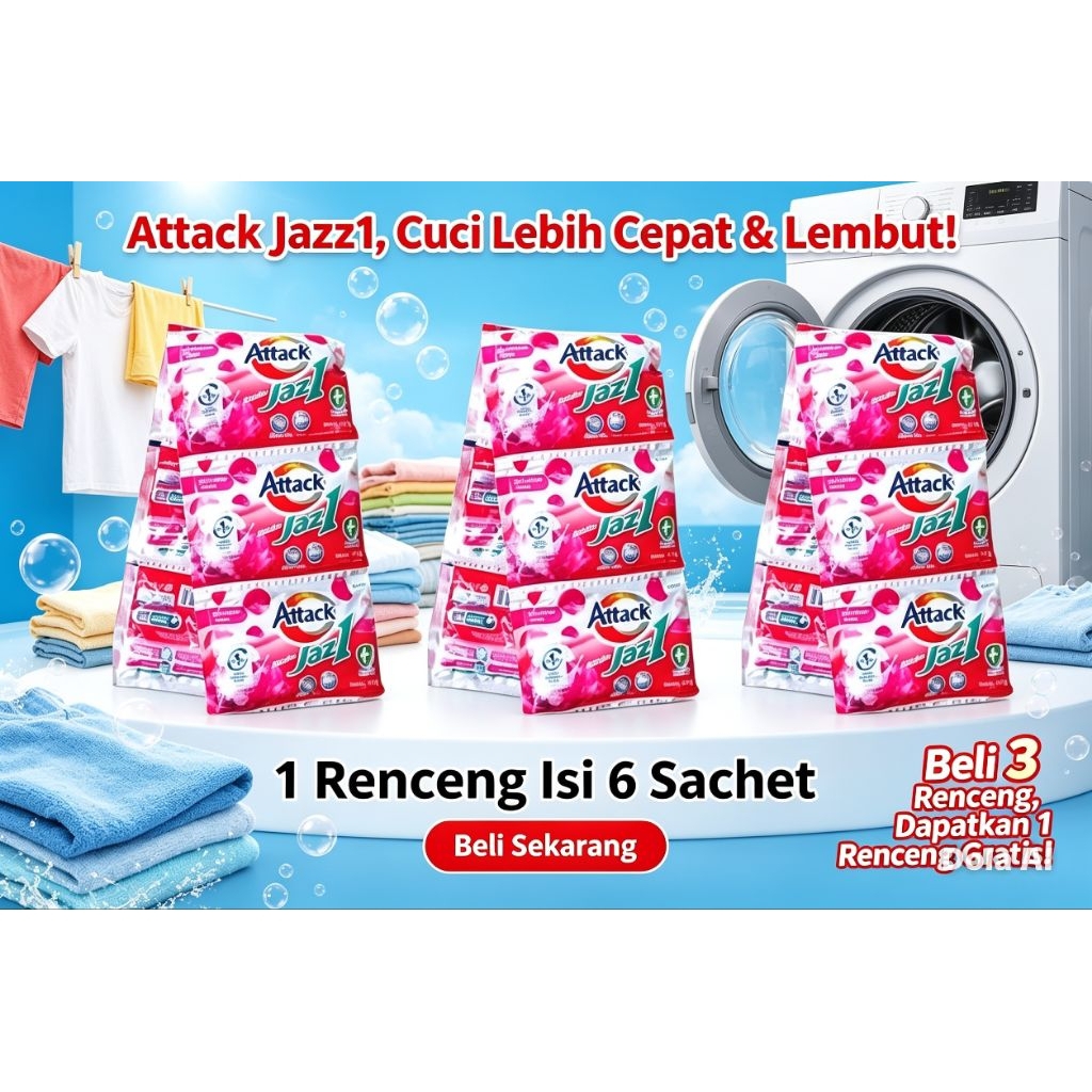 Deterjen Bubuk Attack Jaz1 Softener Roseberry 40g - 6 Sachet, Aroma Tahan Lama, Tanpa Sabun Colek