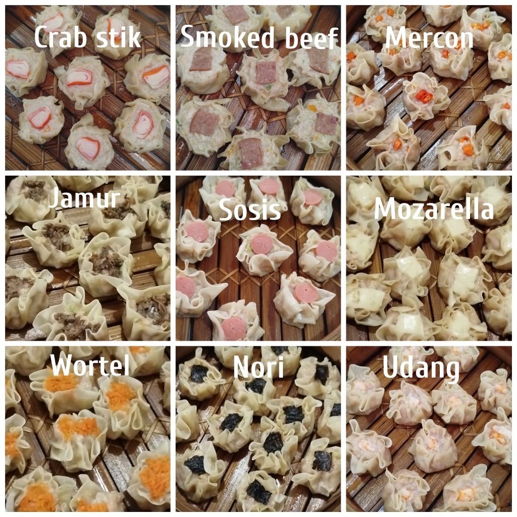 dimsum rasa-rasa isi 5,crab stik, smoked beef,mercon,jamur, sosis, Mozarella, wortel,Nori,udang